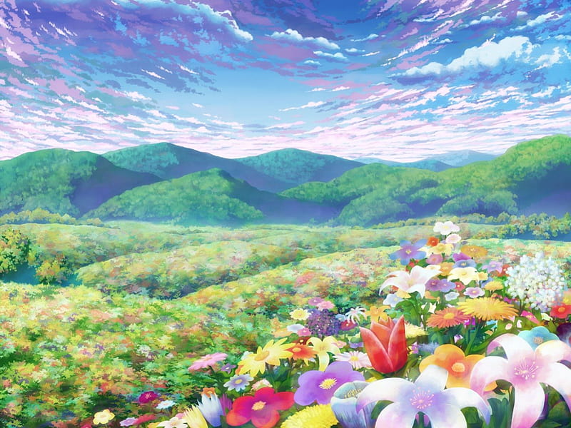 FlowerScape, pretty, scenic, bonito, floral, sweet, mountain, blossom, nice, anime, beauty, scenery, hill, cloud, lovely, sky, flower, nature, scene, field, landscape, HD wallpaper