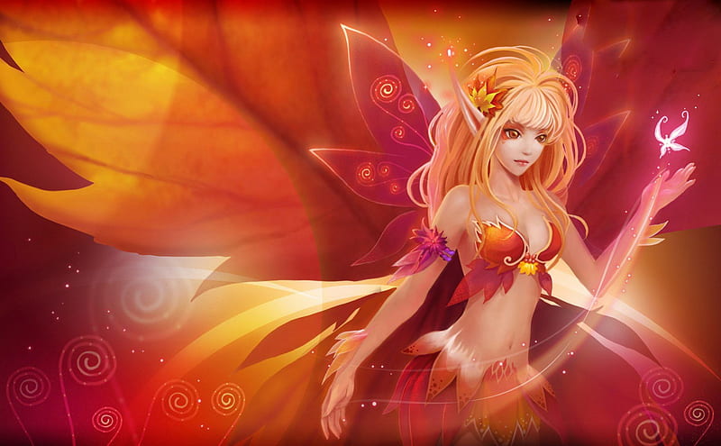 Lovely Fairy, art, orange, angel, bonito, woman, sweet, cute, fantasy, girl, digital, fairy, HD wallpaper