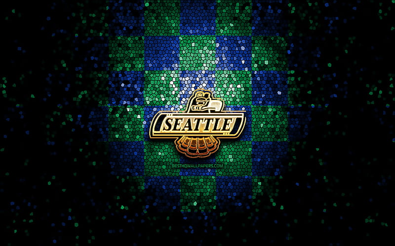 Seattle Thunderbirds, glitter logo, WHL, green blue checkered background, hockey, canadian hockey team, Seattle Thunderbirds logo, mosaic art, canadian hockey league, HD wallpaper