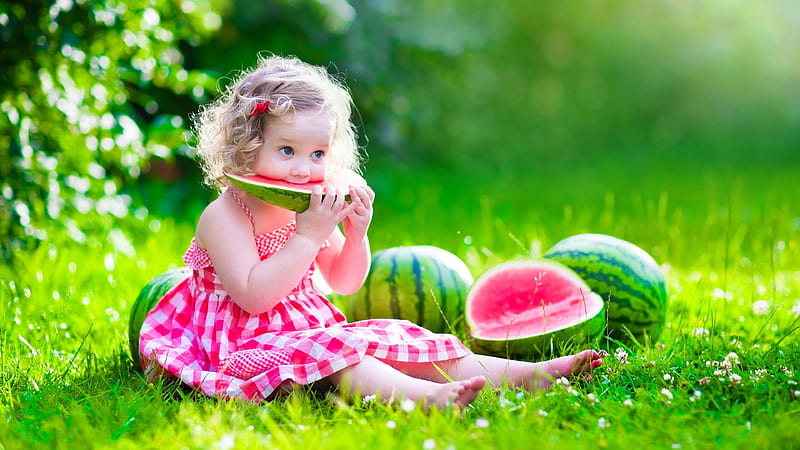 Cute Baby Girl Is Sitting On Green Grass Eating Watermelon Wearing Pink Dress Cute, HD wallpaper