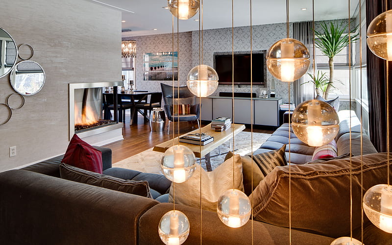 stylish living room interior, beautiful round lamps, modern interior design, living room, fireplace, HD wallpaper