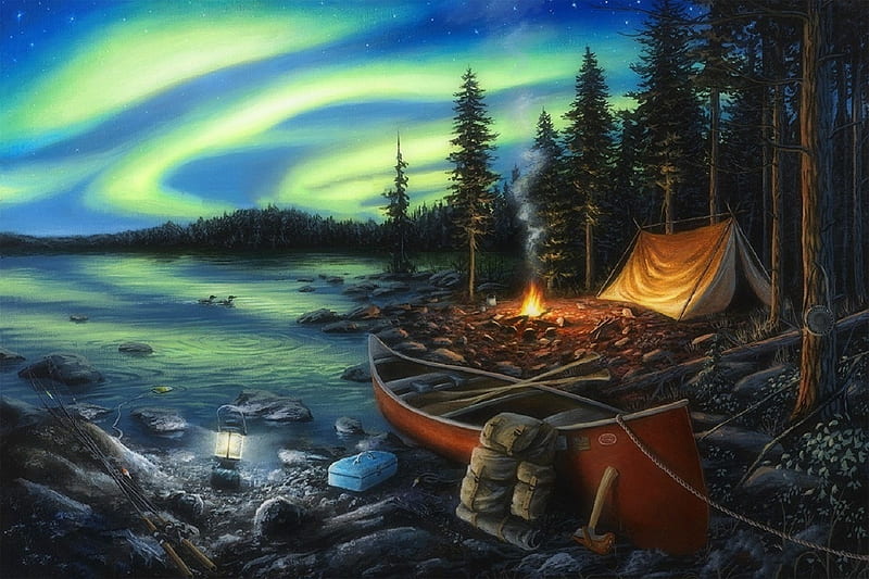Campfire Memories, lakes, northern lights, tent, love four seasons, campfire, canoe, attractions in dreams, sky, paintings, summer, nature, night, HD wallpaper