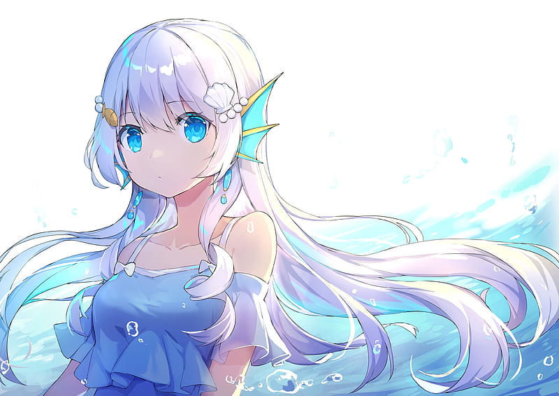 mermaid anime girl, white hair, aqua eyes, cute, water bubbles, Anime, HD wallpaper