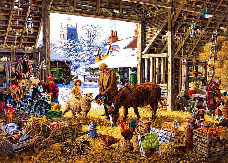 The Old Cider Barn, donkey, hens, apples, children, cart, man, cat, artwork, winter, sheep, snow, painting, bike, HD wallpaper