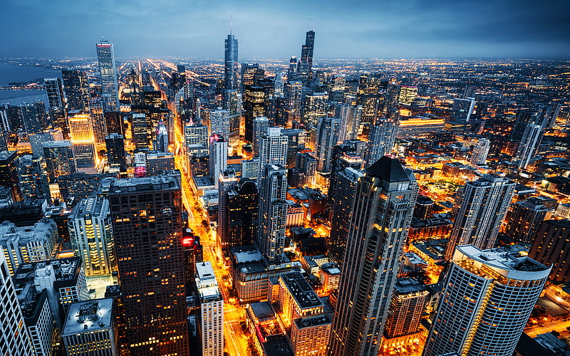 Chicago USA, skyscrapers, evening, metropolis, city lights, Illinois, HD wallpaper