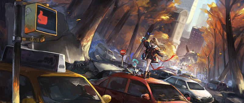 cute anime girl, walking on cars, post-apocalyptic, autumn, Anime, HD wallpaper