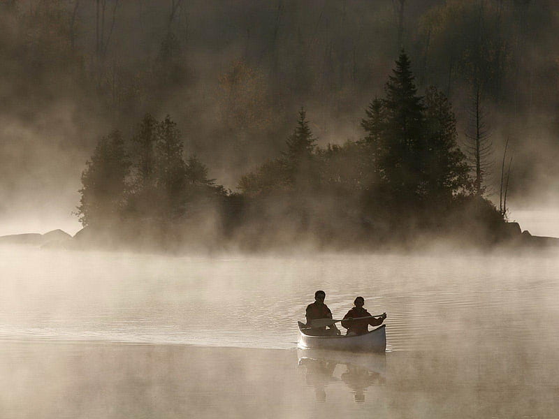 Canoeing at Dawn, black white graphy, dawn, boat, rowing, canoe, morning, fishing, HD wallpaper