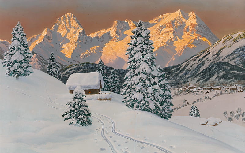 alois arnegger, mountain, winter, oil paint, realistic, house, canvas, artwork, Landscape, HD wallpaper