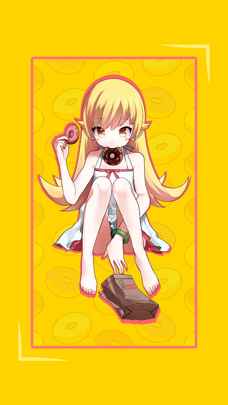 Monogatari Series, Oshino Shinobu, donuts, donut, yellow hair, long hair, anime, HD phone wallpaper