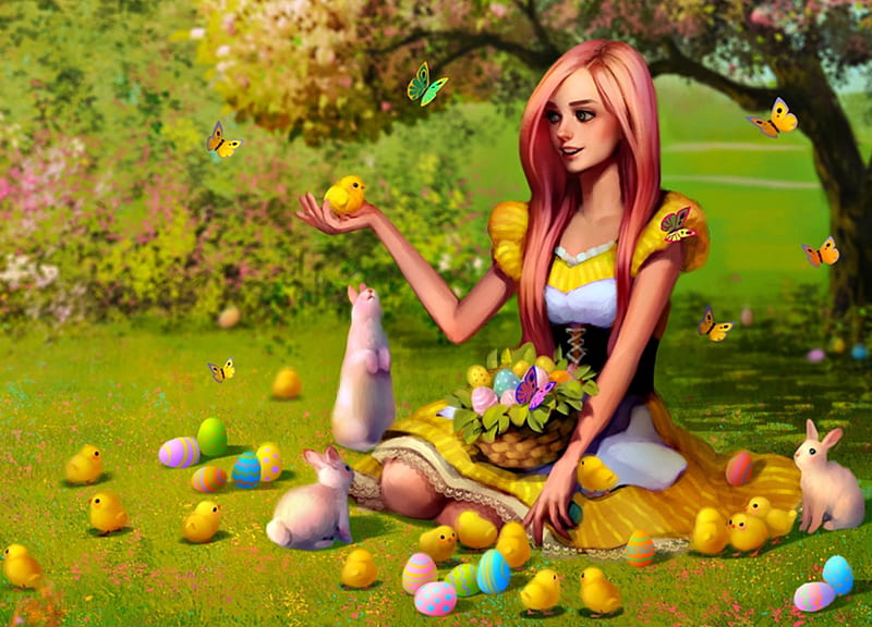 Easter, colorful, chicken, redhead, yellow, egg, fantasy, butterfly, green, pink, tsvetka, art, luminos, spring, cute, tree, girl, bunny, HD wallpaper