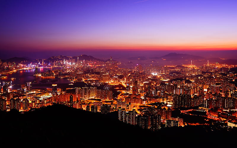 Hong Kong sunset, chinese cities, skyline, skyscrapers, modern buildings, China, Asia, HD wallpaper