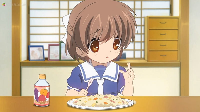 What This ... Sticky, pretty, children, adorable, clannad, sweet, nice, anime, anime girl, okazaki ushio, kids, table, female, lovely, food, brown hair, baby, short hair, cute, kawaii, girl, ushio, ushio okazaki, HD wallpaper