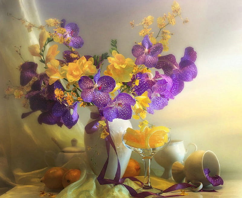 Orchids & Tea Time, still life, orchids, fresias, purple, tea time, flowers, yellow, HD wallpaper