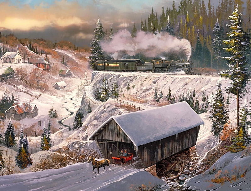 SLEIGH RIDE, sleigh, train, snow, bridge, village, horse, winter, HD wallpaper