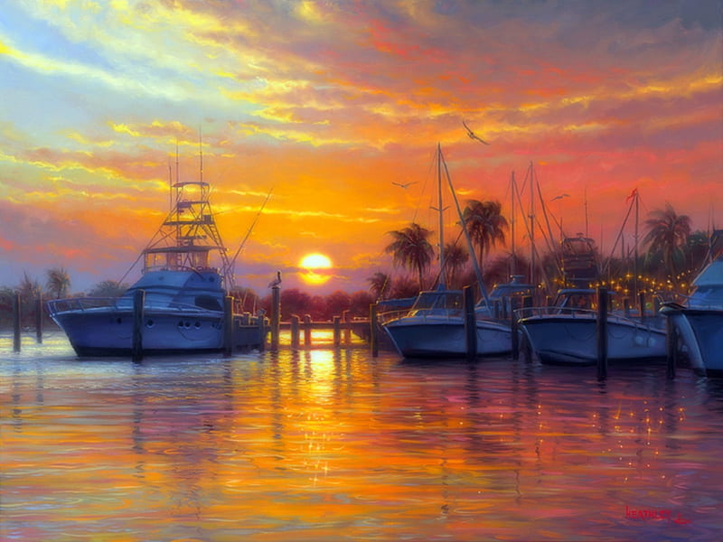 ✫Sunset Harbor✫, silent, splendid, habor, perfect, attractions in dreams, bonito, seasons, sea, paintings, boats, sunsets, scenery, quiet, sunlight, colors, love four seasons, festivals, creative pre-made, shining, bays, summer, nature, relaxing, sailboats, HD wallpaper