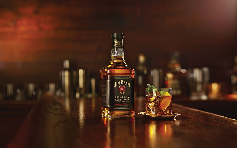 whiskey, Jim Beam Black, Black Bourbon, bottle of whiskey, glass of whiskey with mint, HD wallpaper