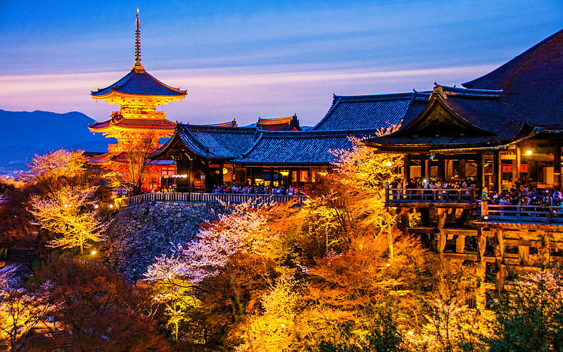 Kyoto, Higashiyama, spring, japanese temples, hanami, sakura, nightscapes, japan, Asia, japanese cities, HD wallpaper