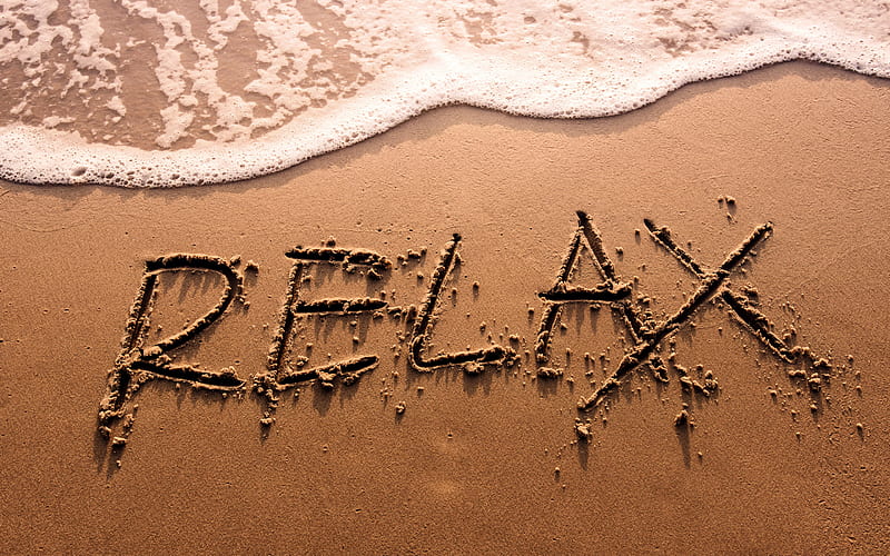 Relax, inscription on the sand, beach, sea, travel trailers, summer, sea breeze, HD wallpaper