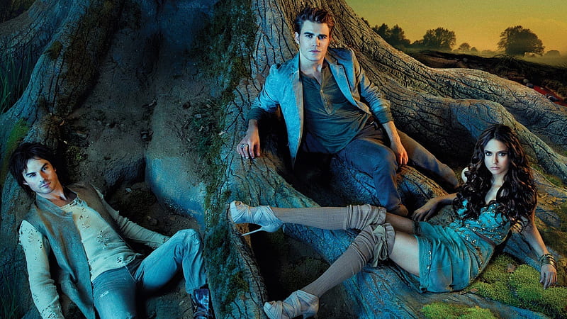 Damon Salvatore Stefan Salvatore Elena Gilbert Are Leaning On Tree Root The Vampire Diaries, HD wallpaper