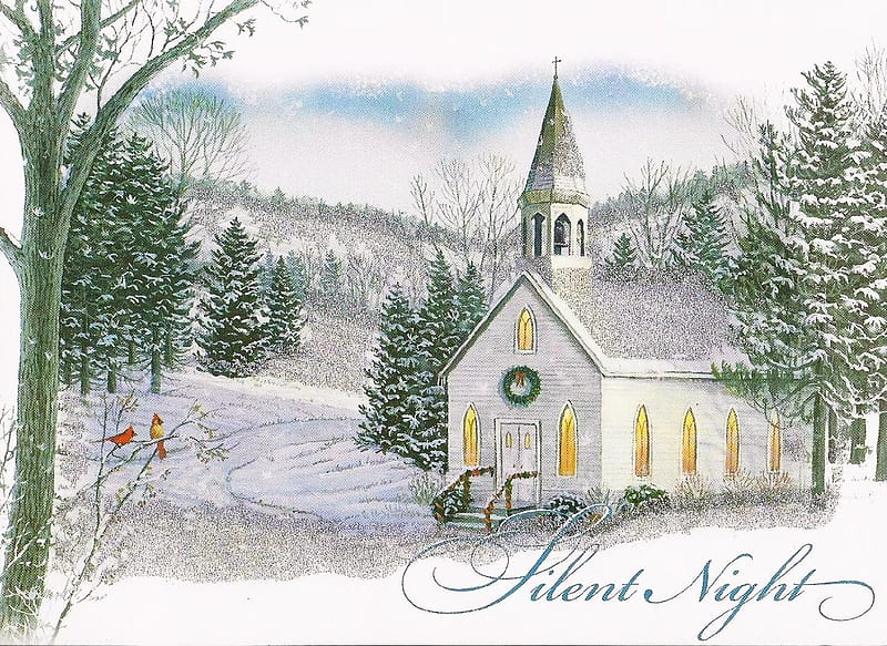 Silent Night christmas snow birds church trees HD wallpaper  Peakpx