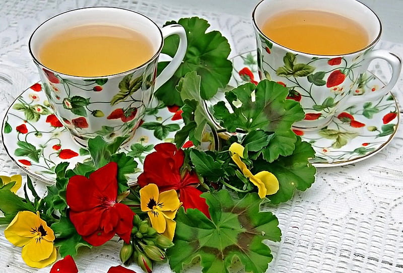 Tea for two, geraniums, model, tea, floral, entertainment, plants, pansies, flowers, cups, porcelain, HD wallpaper