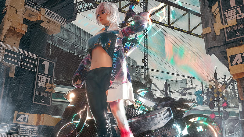 Anime Cyber Girl Sword And Bike, artist, artwork, cyberpunk, HD wallpaper