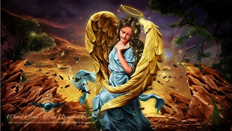 Escape from the misery land, art, fantasy, wings, lady, HD wallpaper