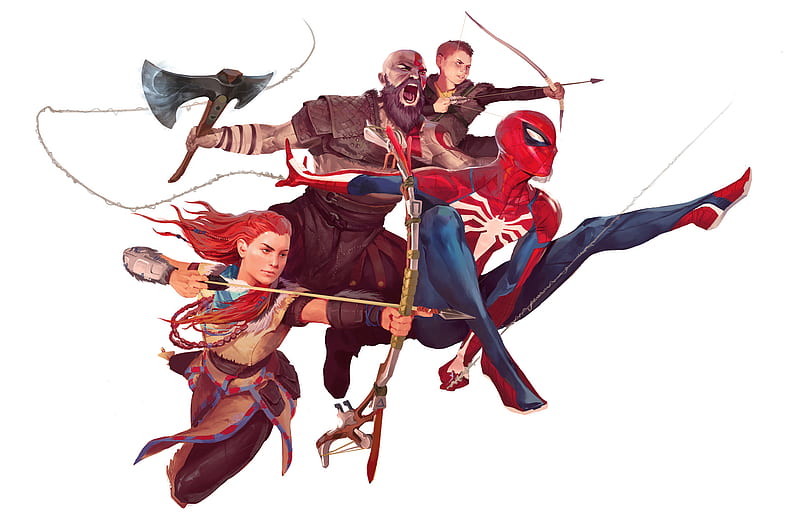 Spiderman And God Of War Characters Art, spiderman, kratos, god-of-war, superheroes, artwork, artist, digital-art, artstation, HD wallpaper