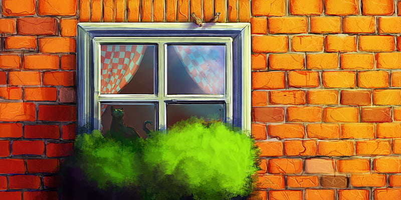 cat, window, house, art, HD wallpaper