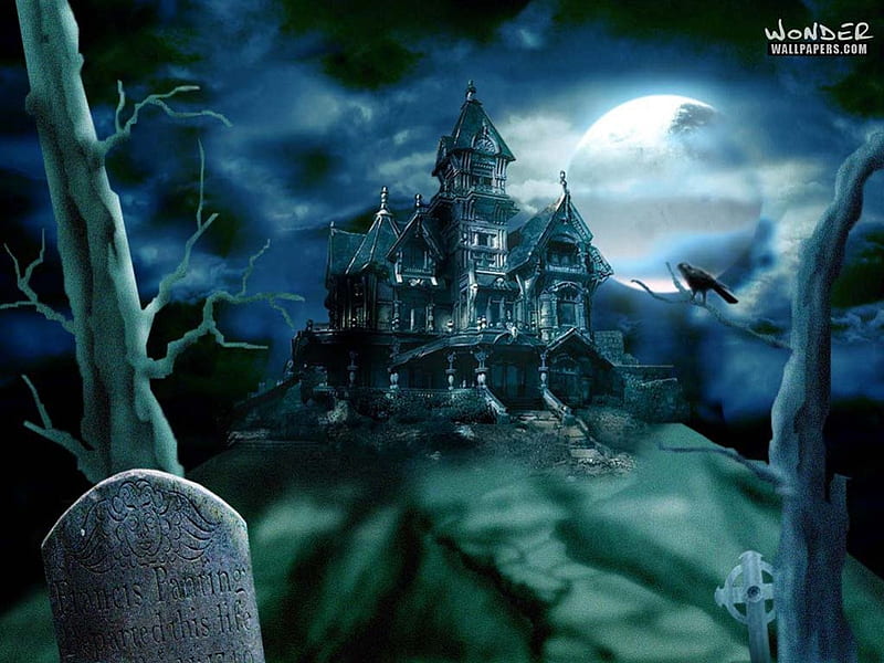 haunted house, moon, house, sky, bird, HD wallpaper