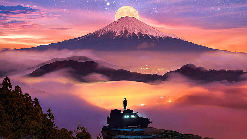 Man Watching Moon Rising Over Mountains, HD wallpaper