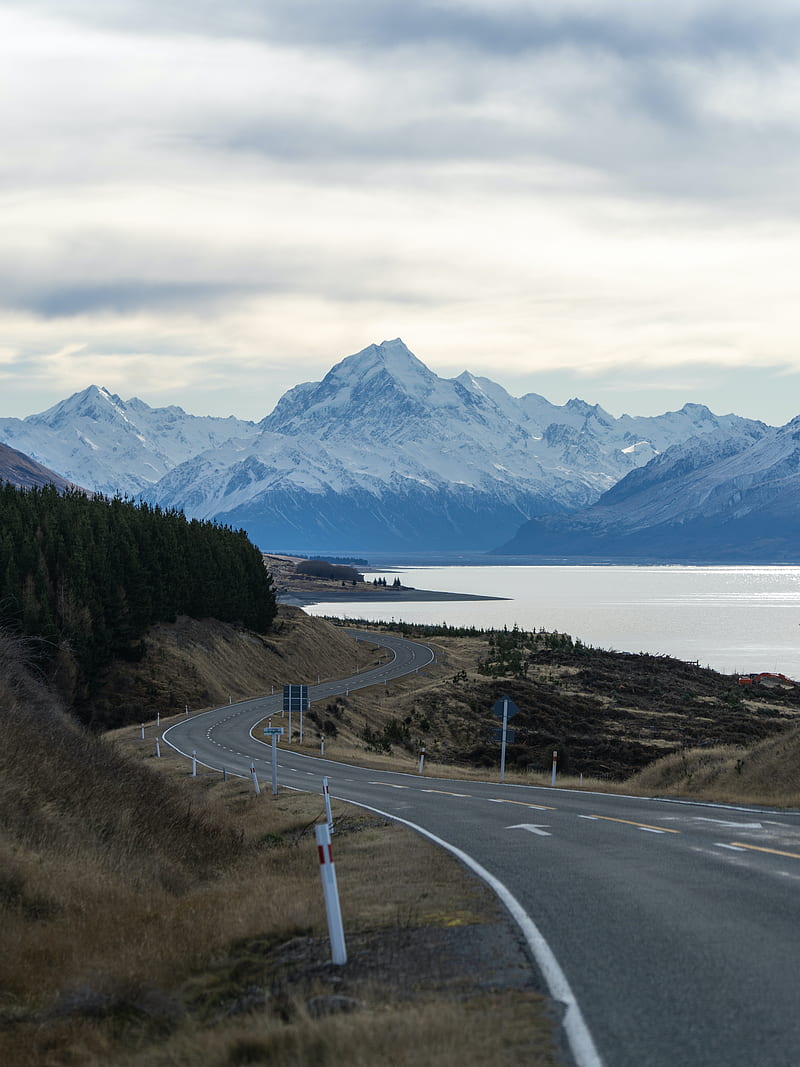 mountains, road, winding, lake, HD phone wallpaper