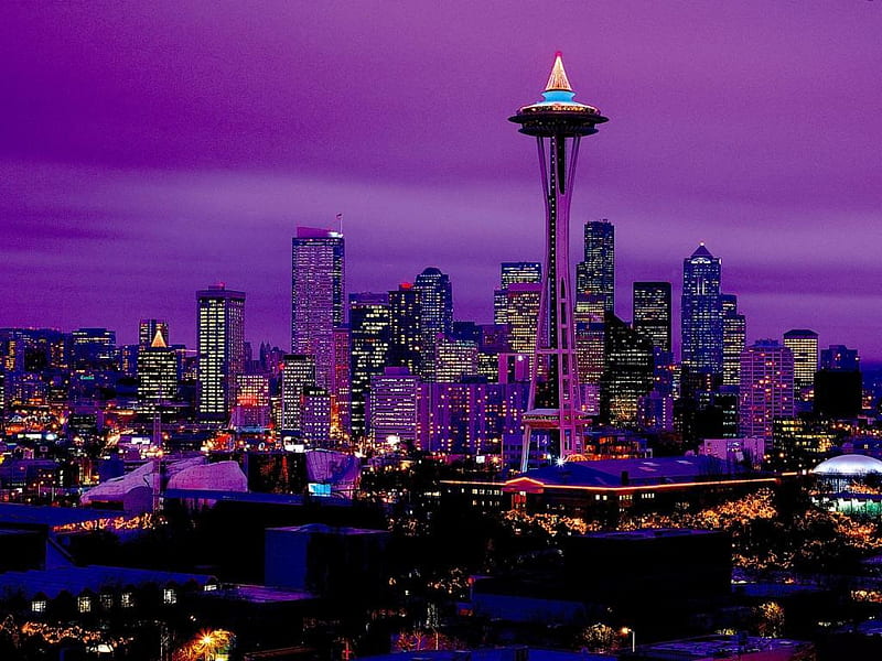 Seattle-by-night-Washington-USA, aechitecture, modern, purple, usa, buildings, sky, night, HD wallpaper