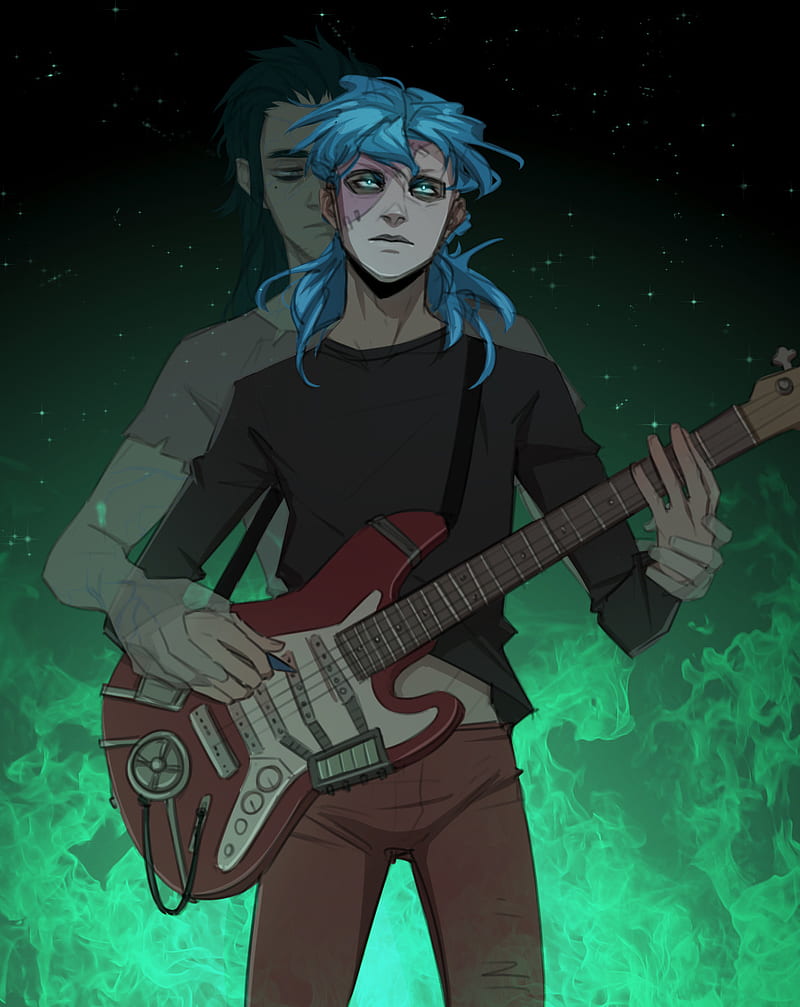 Sal x Larry, sally face, ghost, mask, green, guitar, blue hair, HD phone wallpaper
