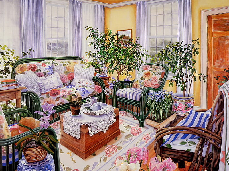 Susan Rios painting, table, art, susan rios, living room, painting, flower, home, chair, HD wallpaper