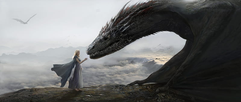 Daenerys, game of thrones, daenerys targaryen, dragon, mother, art, frumusete, luminos, queen, laixin, fantasy, girl, princess, HD wallpaper