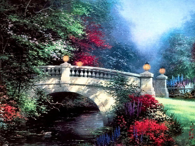 Broad Water Bridge, flowers, water, trees, bridge, HD wallpaper