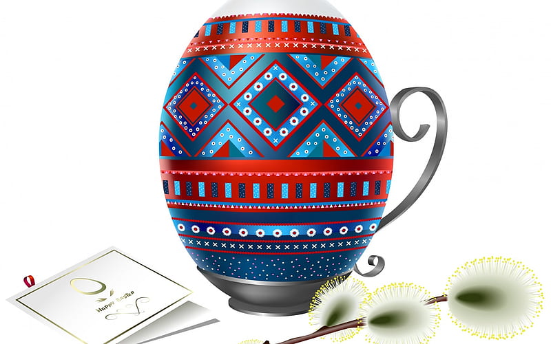 Happy Easter!, red, egg, cup, spring, easter, white, blue, card, HD wallpaper