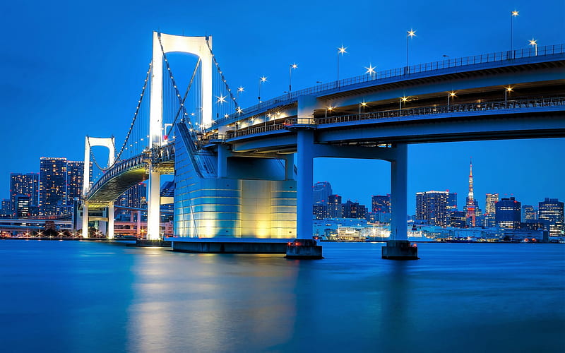 Tokyo, Rainbow Bridge, Suspension Bridge, Evening, City Lights, Tokyo Bay, japan, HD wallpaper