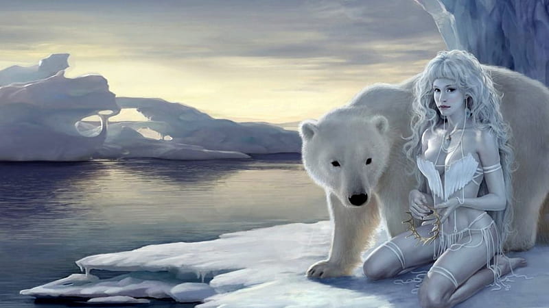 White Polar Bear Snow Queen, Winter, Polar Bear, Water, White, Snow, Woman, Ice, HD wallpaper