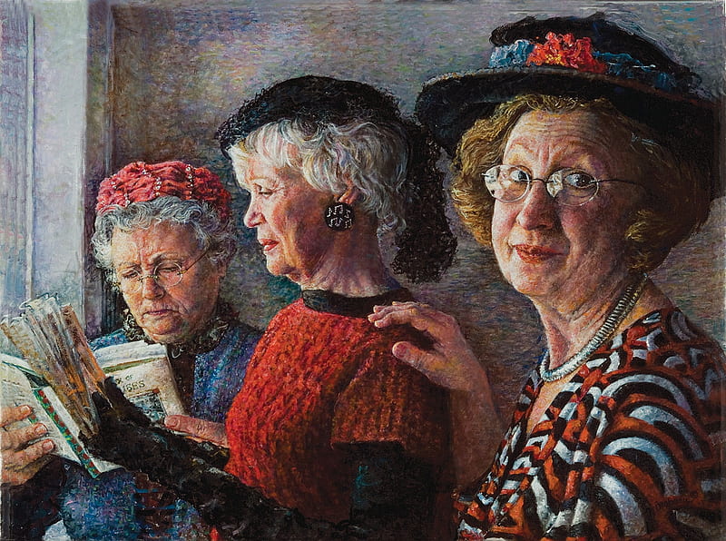 Church Ladies, church, lady, woman, old, hat, red, art, black, susan brabeau, trio, painting, pictura, HD wallpaper