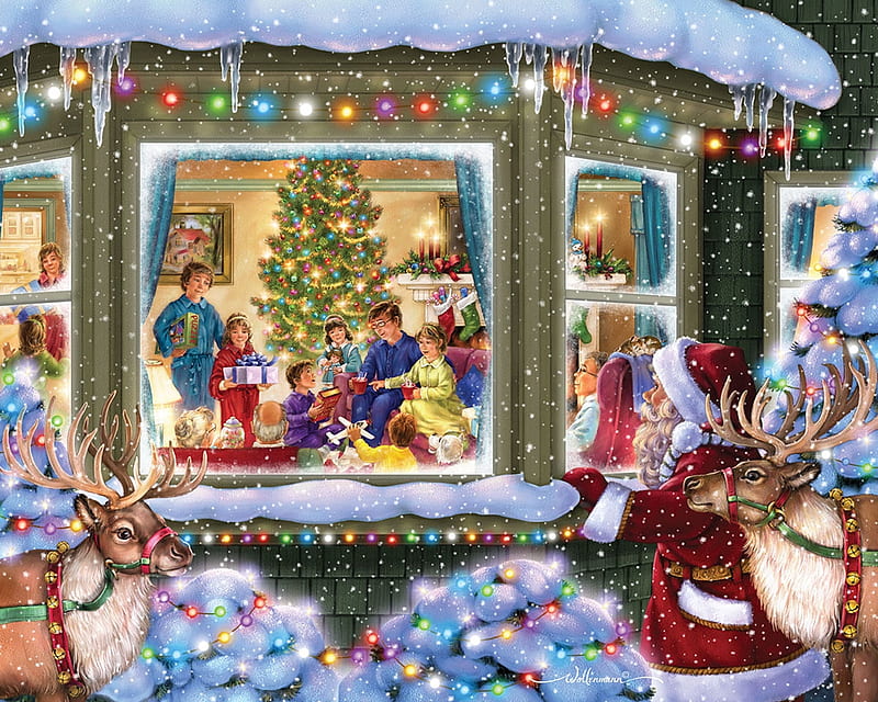 Early Christmas Morning, Christmas, tree, santa, snow, presents, reindeer, lights, HD wallpaper