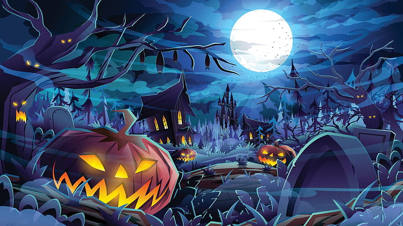 Pumpkins Face Horror Houses White Moon Blue Sky Background Cute Halloween, HD wallpaper