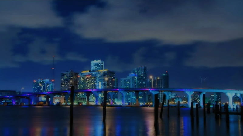 Miami Skyline, Nighttime, Bridge, Miami, Skyline, Citylights, Dusk, City, Night, HD wallpaper