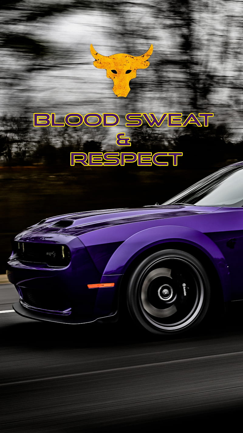 Rock Challenger, blood sweat and respect, car, carros, cool, dodge, hellcat, purple, sport, the rock, HD phone wallpaper