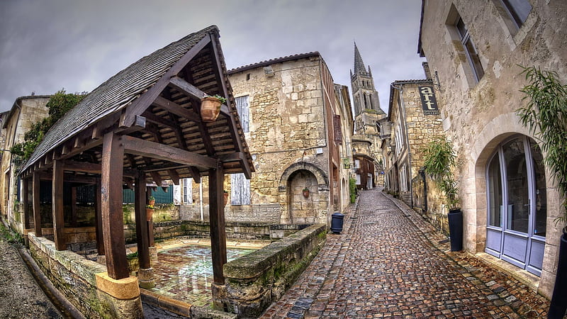 wonderful alley in an old french town, town, cobblestones, church, alley, yard, HD wallpaper
