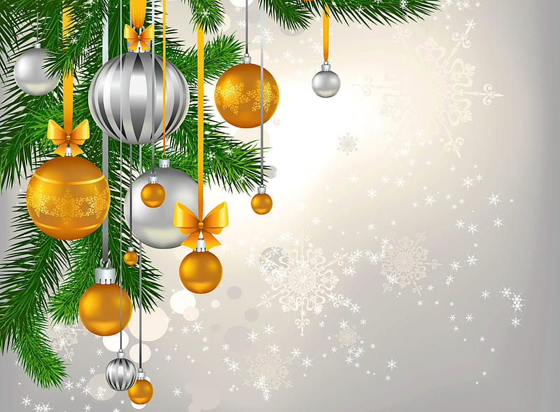 Christmas balls, pretty, colorful, yellow, bonito, silver, nice, lovely, holiday, christmas, decoration, new year, mood, winter, tree, balls, snow, snowflakes, HD wallpaper