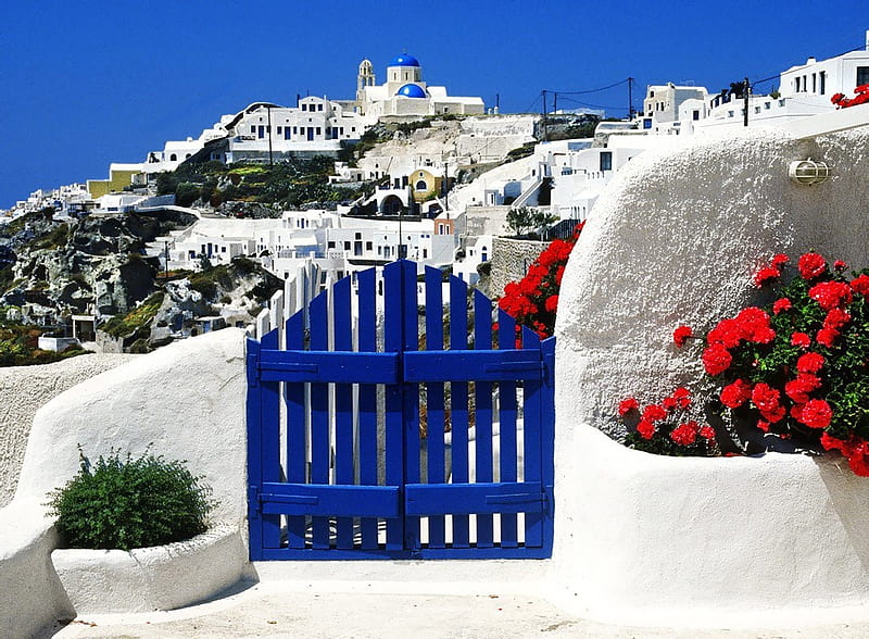 Welcome to the Greek Islands, greece, greek welcome graphy flowers, blue, gate islands, pic, houses, colors, country, sky, wall, colours, white, HD wallpaper