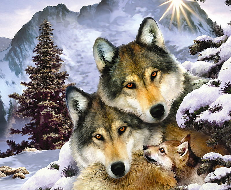 Wolves, family, fantasy, luminos, cub, wolf, howard robinson, winter, HD wallpaper