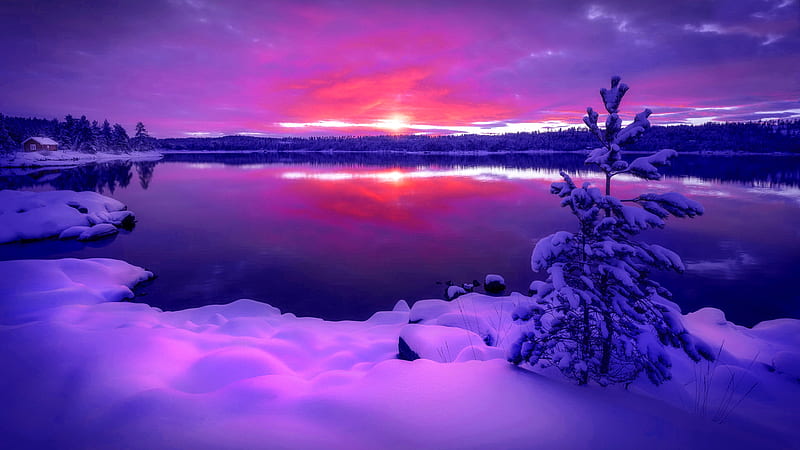 Winter lake at sunset, reflection, lake, winter, colorful, snow, sunset, HD wallpaper